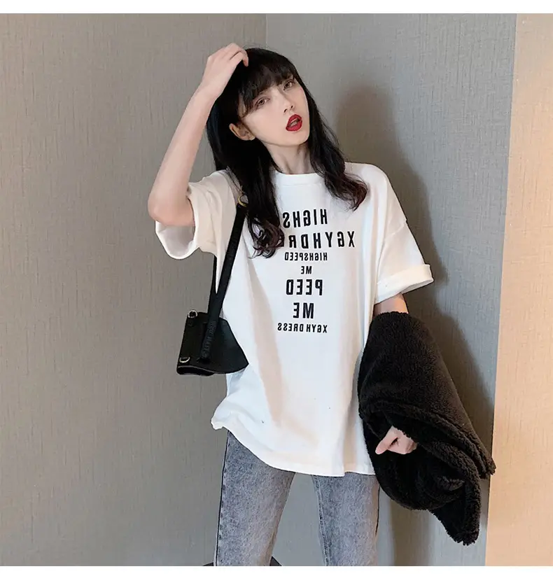 Women Loose Letter Print T-Shirt White Summer 2025 — feature 18