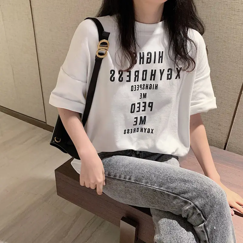 Women Loose Letter Print T-Shirt White Summer 2025 - Image 2