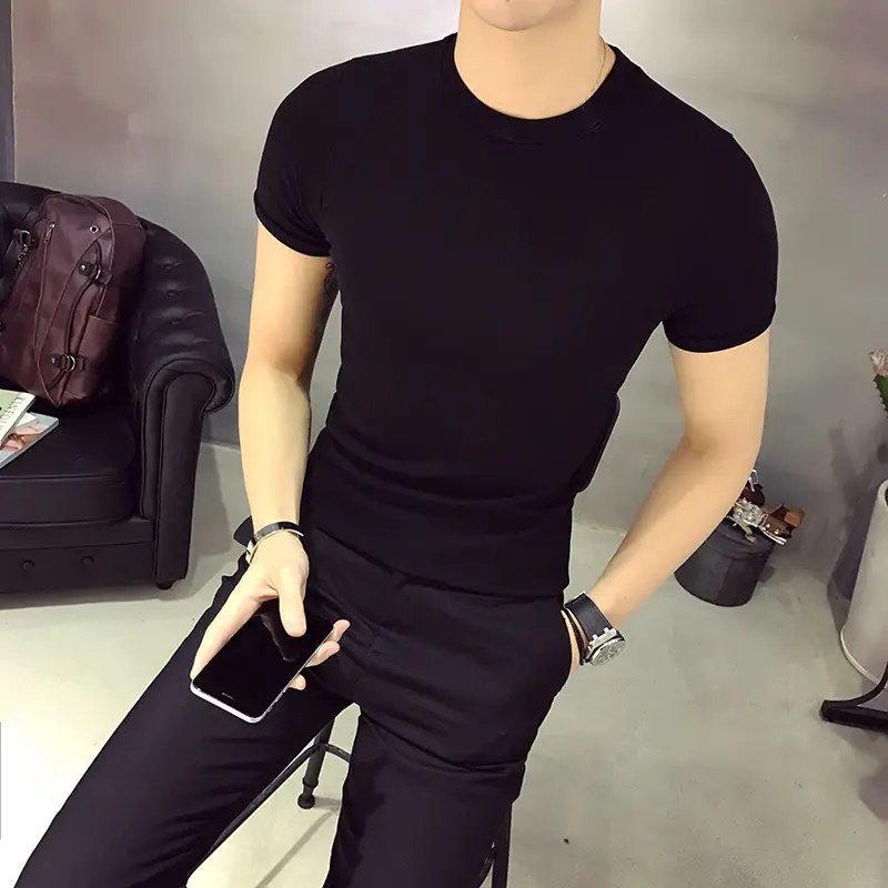 Men Black Thin Korean Style T-Shirt Short Sleeve - Image 2