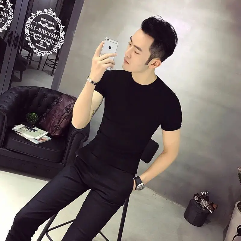 Men Black Thin Korean Style T-Shirt Short Sleeve - Image 4