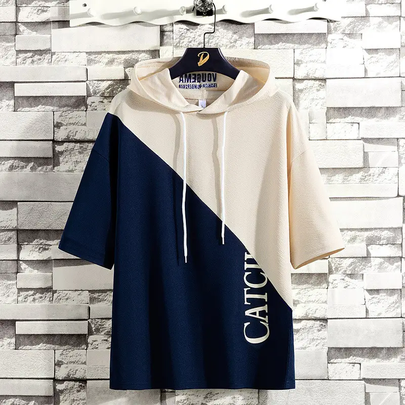 2025 Men Hooded T-Shirt Navy Blue Cream Catch - Image 2