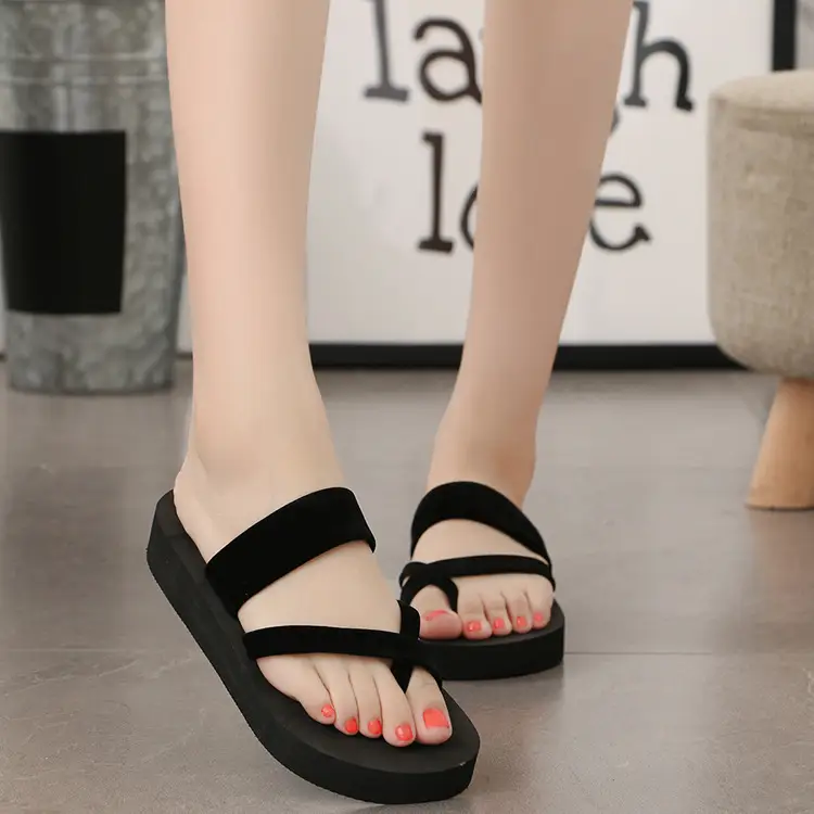 Women Black Cross Strap Wedge Slippers