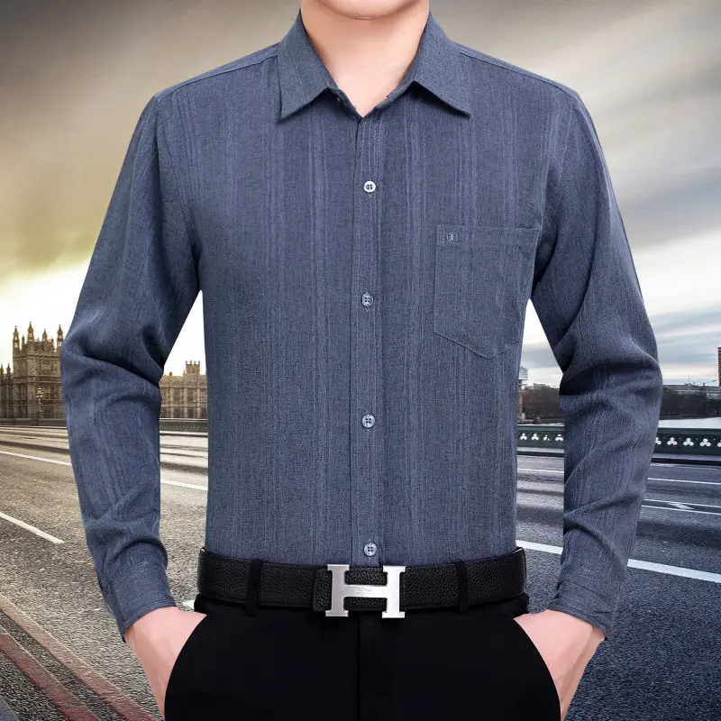 Men Linen Long Sleeve Shirt Blue Plus Size - Image 2