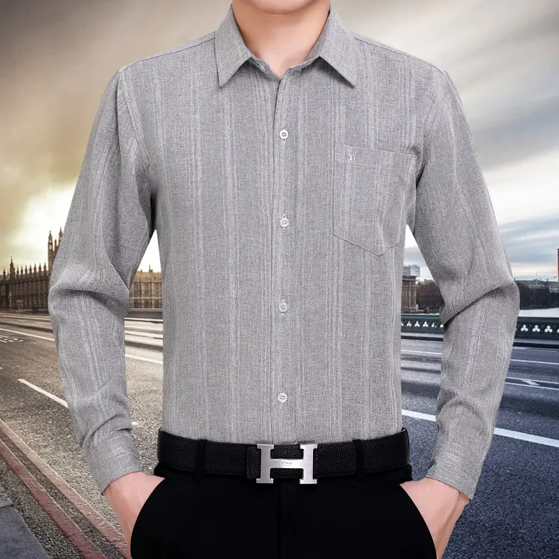 Men Linen Long Sleeve Shirt Blue Plus Size - Image 3