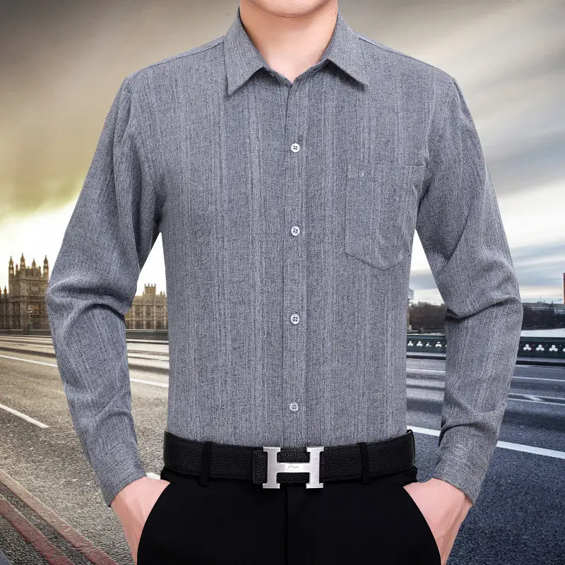 Men Linen Long Sleeve Shirt Blue Plus Size - Image 4