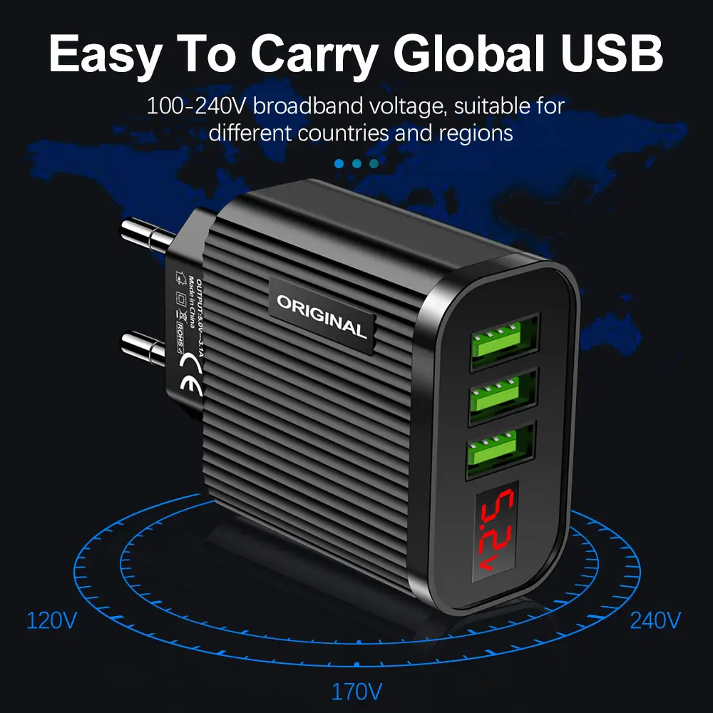 3 USB Digital Travel Charger 3.1A Black