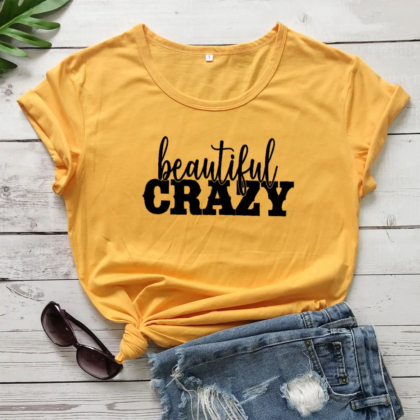 Beautiful Crazy Letter Short Sleeve T-Shirt Yellow - Image 2