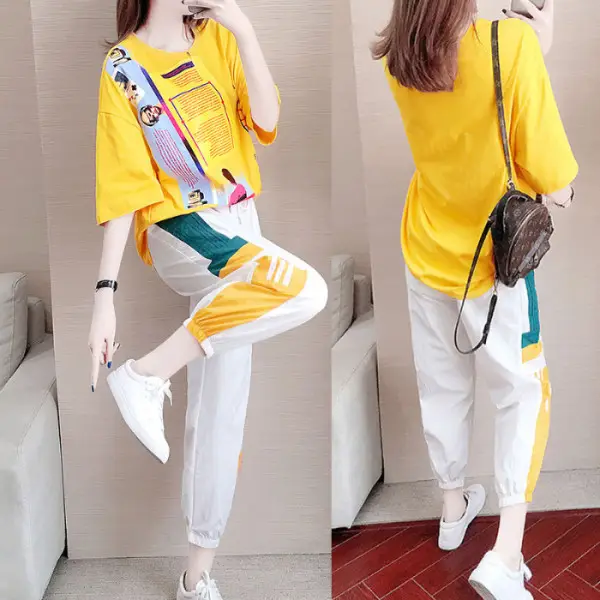 Women's Yellow Graphic Harem Trousers Set Casual Sports Wear - Image 3