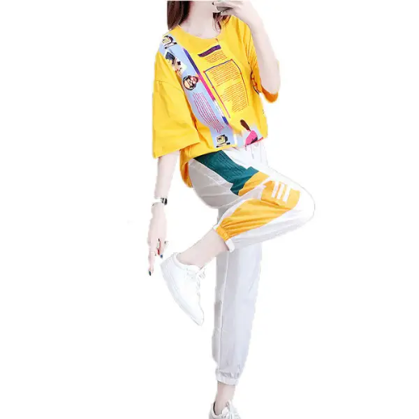 Women's Yellow Graphic Harem Trousers Set Casual Sports Wear - Image 5