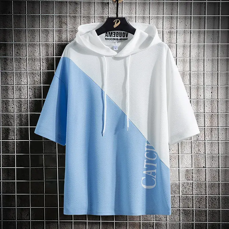 2025 Summer Hooded Cotton T-Shirt Blue White Split - Image 4