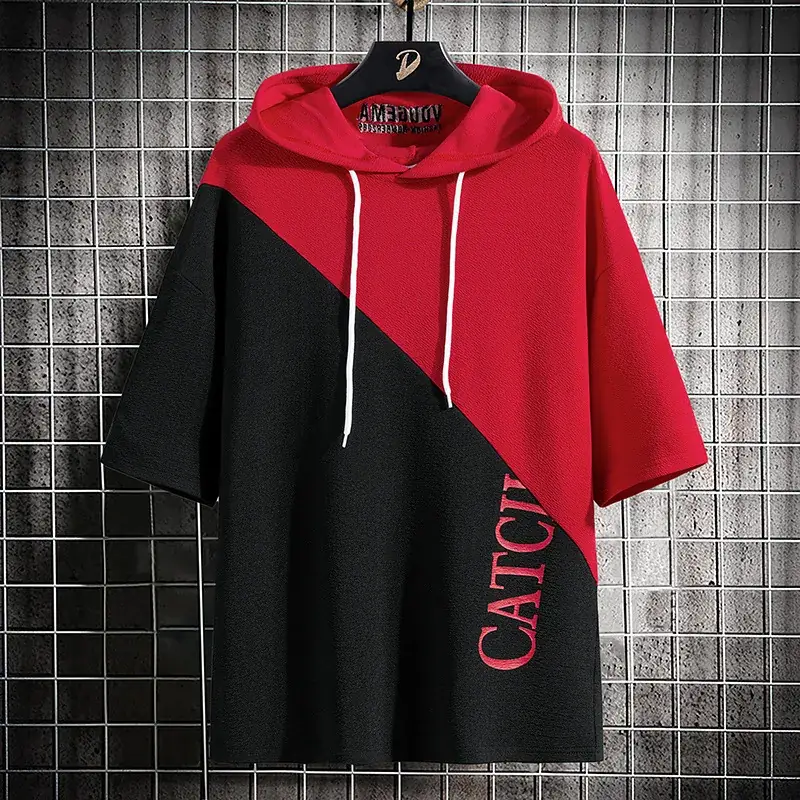 2025 Summer Hooded Cotton T-Shirt Blue White Split - Image 3