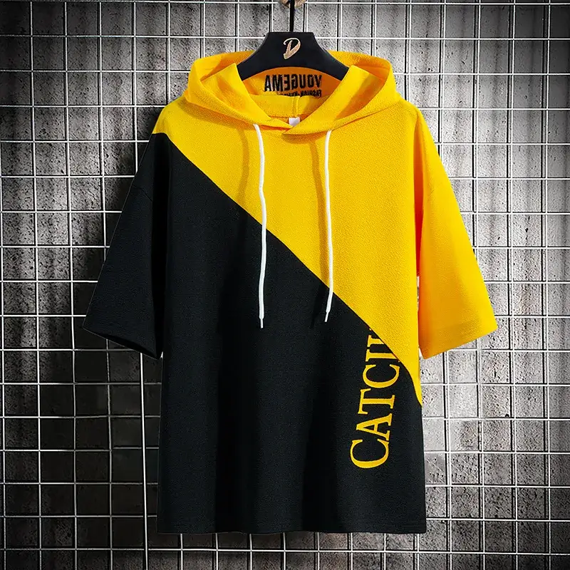 2025 Summer Hooded Cotton T-Shirt Blue White Split - Image 2