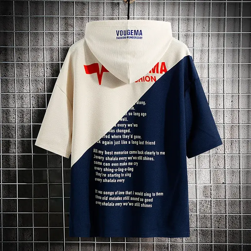 2025 Summer Hooded Cotton T-Shirt Blue White Split - Image 6