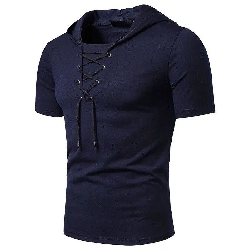 Men Hooded T-Shirt Grey Laced Short Sleeve - Image 5