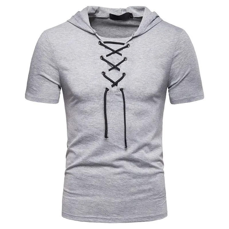 Men Hooded T-Shirt Grey Laced Short Sleeve — feature 3