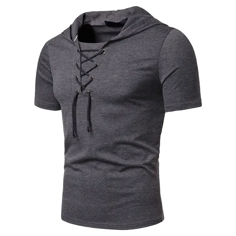 Men Hooded T-Shirt Grey Laced Short Sleeve — feature 4