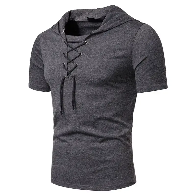 Men Hooded T-Shirt Grey Laced Short Sleeve - Image 2