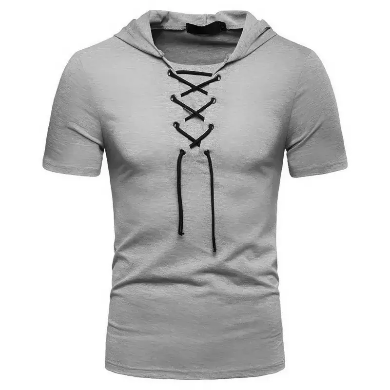 Men Hooded T-Shirt Grey Laced Short Sleeve - Image 3