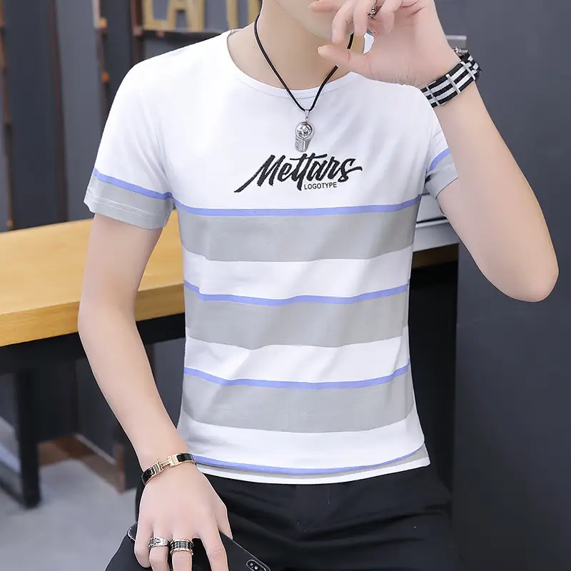 Men's 2020 Summer Striped T-shirt Round Neck Slim Fit - Image 3