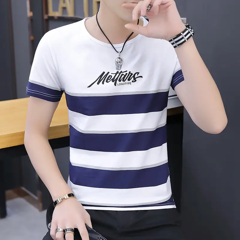 Men's 2020 Summer Striped T-shirt Round Neck Slim Fit - Image 4