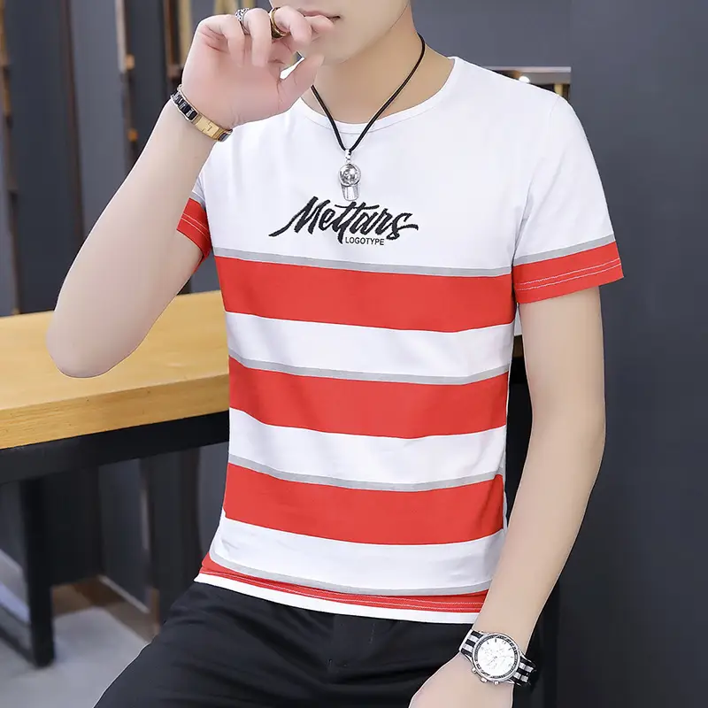 Men's 2020 Summer Striped T-shirt Round Neck Slim Fit - Image 5