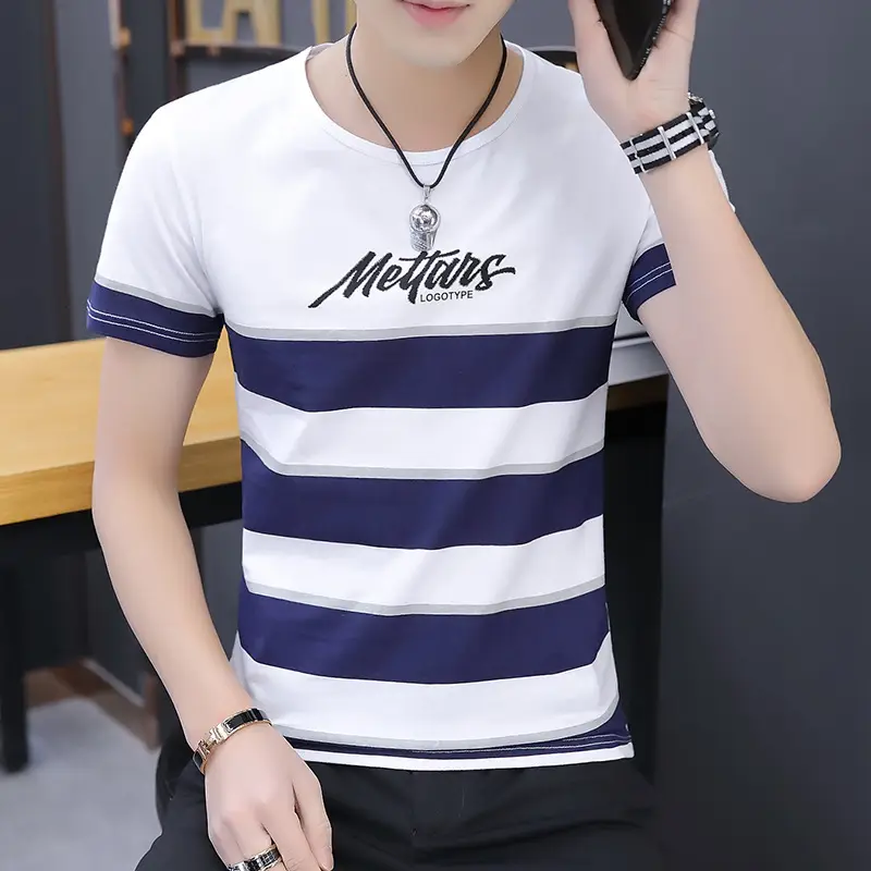 Men's 2020 Summer Striped T-shirt Round Neck Slim Fit - Image 6