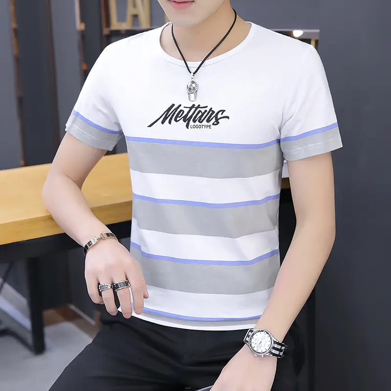 Men's 2020 Summer Striped T-shirt Round Neck Slim Fit - Image 2