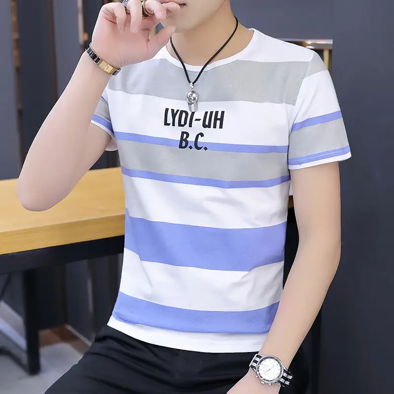 Men Summer Striped T-Shirt Korean Style Slim Fit - Image 4