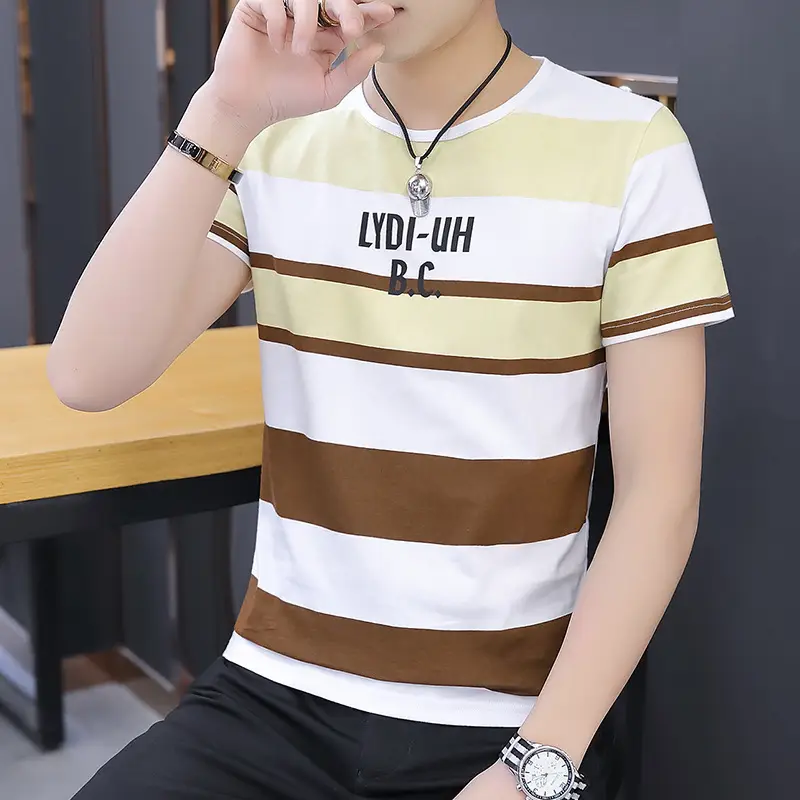 Men Summer Striped T-Shirt Korean Style Slim Fit - Image 5