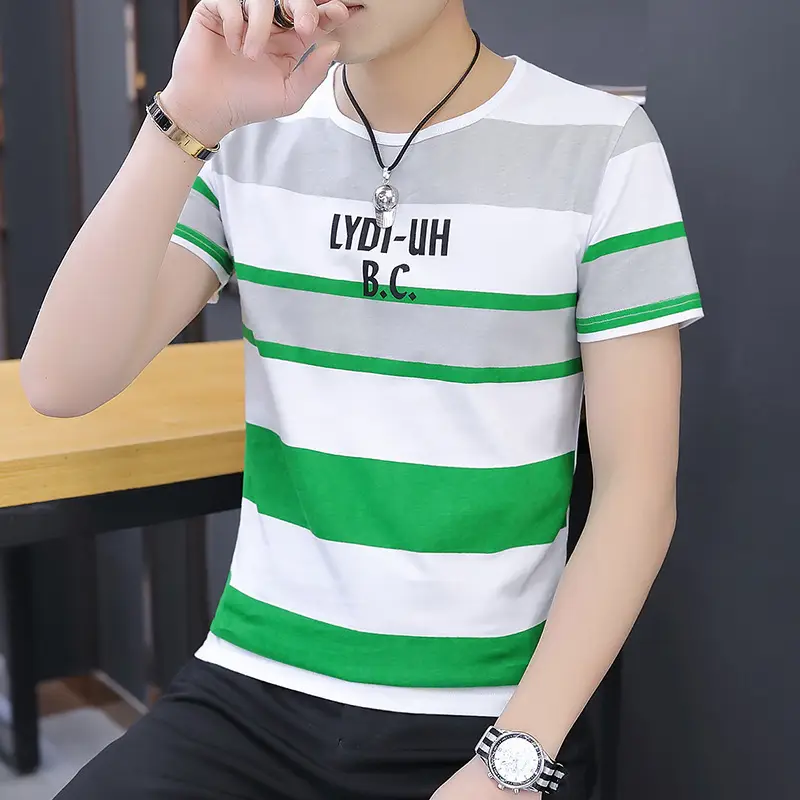 Men Summer Striped T-Shirt Korean Style Slim Fit - Image 2