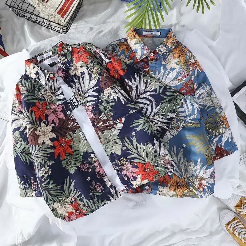 Men Floral Print Short Sleeve Shirt Navy Blue - Image 5