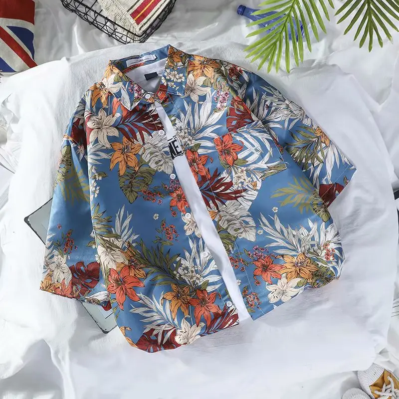 Men Floral Print Short Sleeve Shirt Navy Blue - Image 6