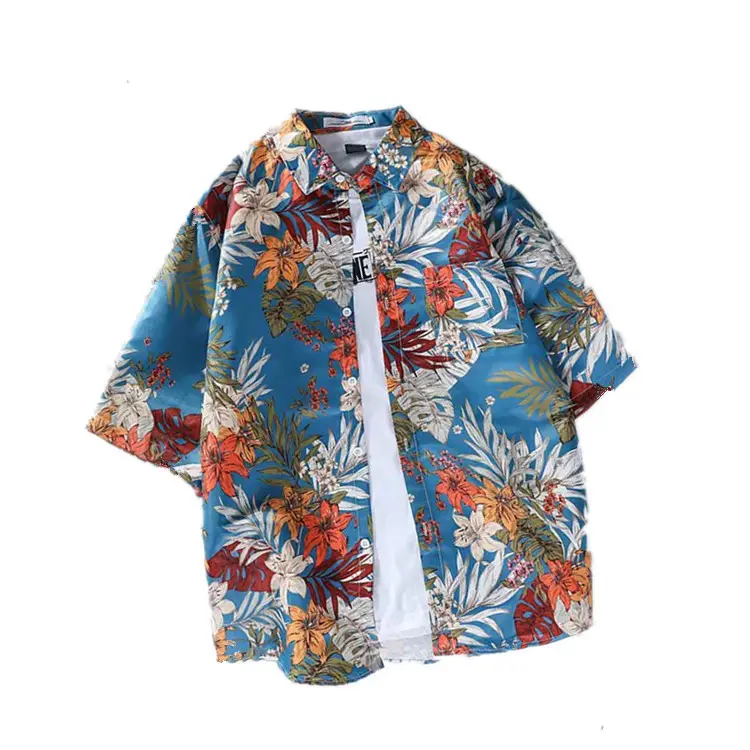Men Floral Print Short Sleeve Shirt Navy Blue - Image 8