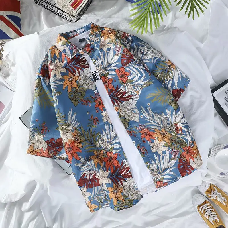 Men Floral Print Short Sleeve Shirt Navy Blue - Image 2