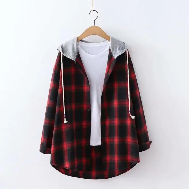 Women Plaid Hooded Jacket Red Black Long Sleeve