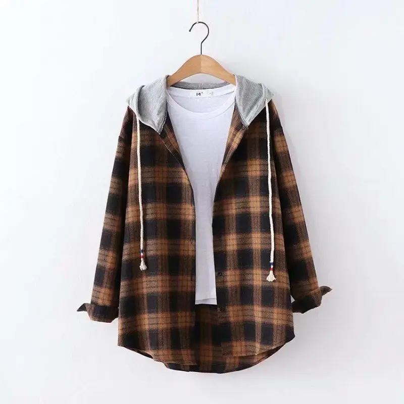 Women Plaid Hooded Jacket Red Black Long Sleeve