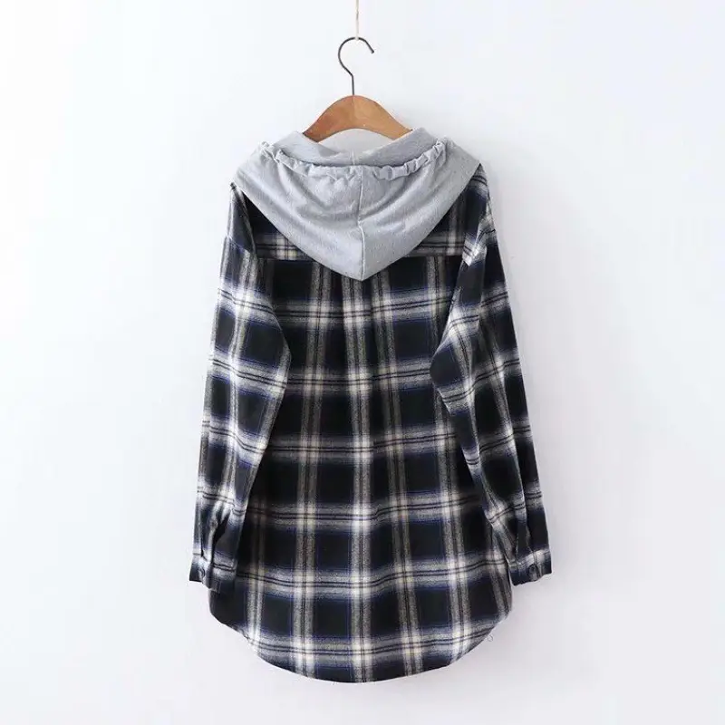 Women Plaid Hooded Jacket Red Black Long Sleeve