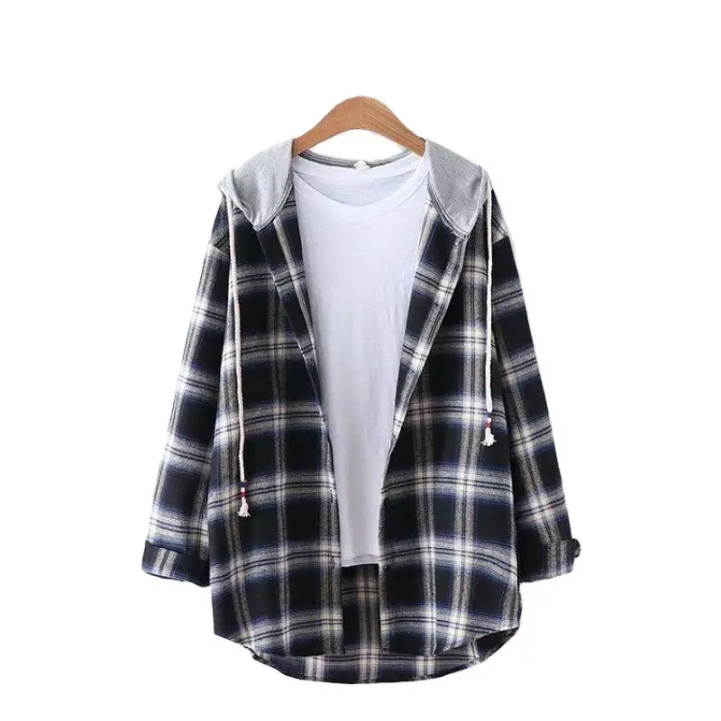 Women Plaid Hooded Jacket Red Black Long Sleeve