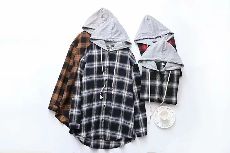 Women Plaid Hooded Jacket Red Black Long Sleeve — feature 11