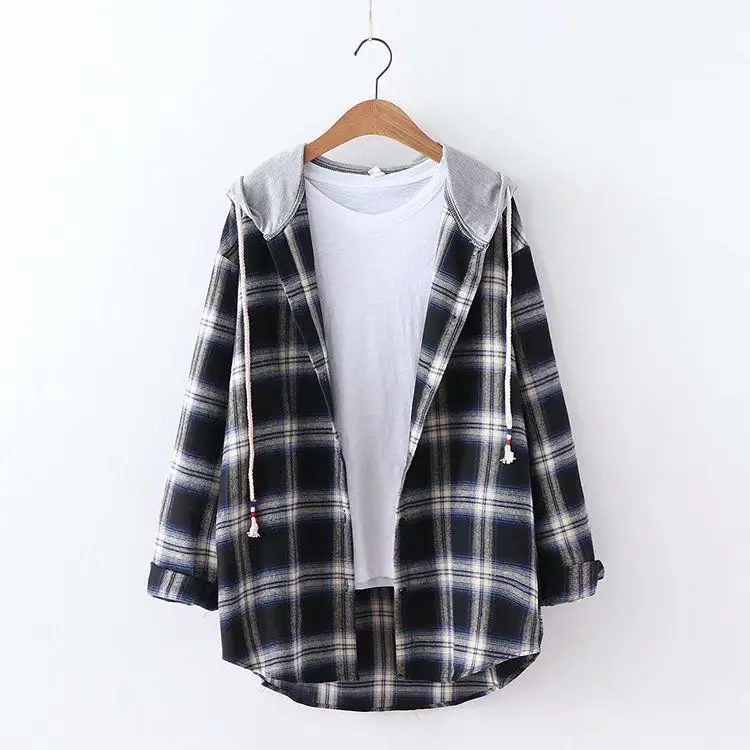 Women Plaid Hooded Jacket Red Black Long Sleeve — feature 5