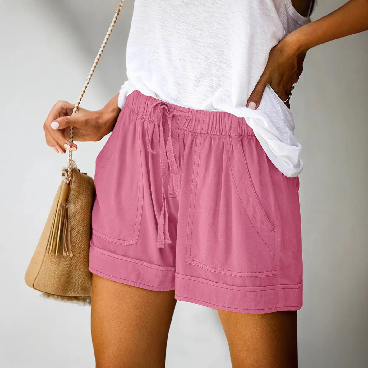 Women Casual Tencel Shorts Green High Waist Tie - Image 15