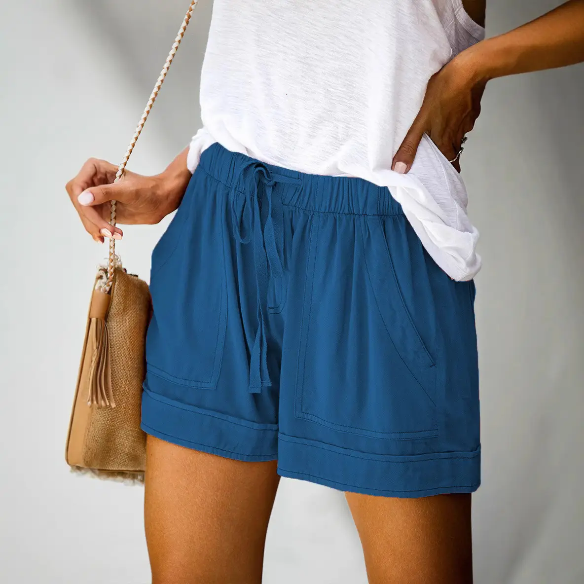 Women Casual Tencel Shorts Green High Waist Tie - Image 16