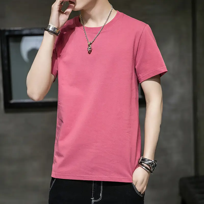 Men Long Sleeve Cotton T-Shirt Pink Round Neck - Image 18