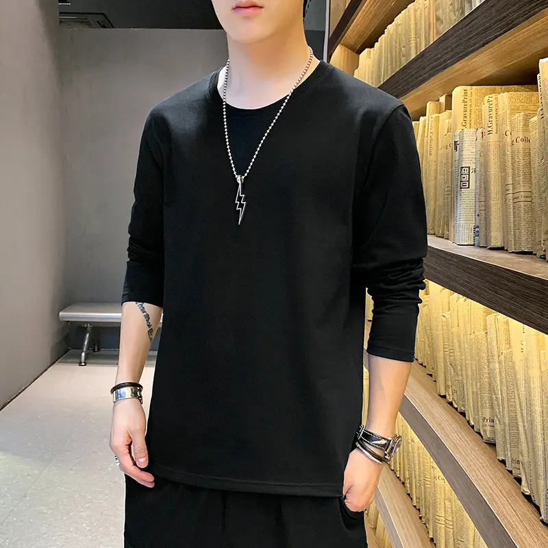 Men Long Sleeve Cotton T-Shirt Pink Round Neck - Image 2
