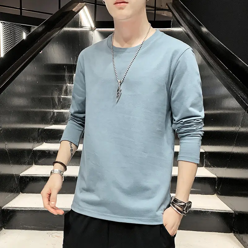 Men Long Sleeve Cotton T-Shirt Pink Round Neck - Image 3