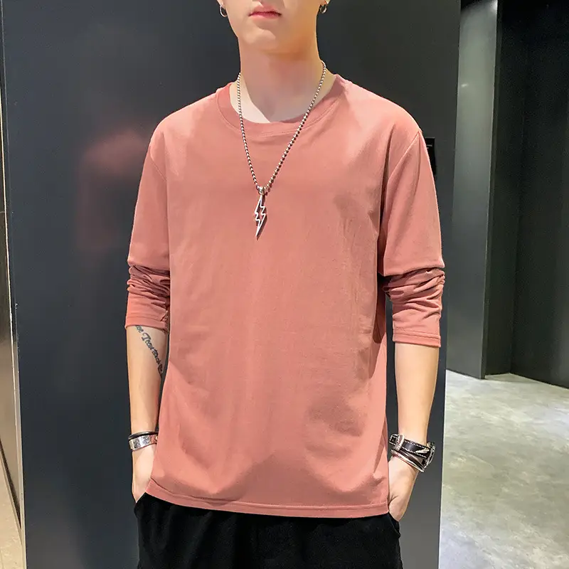 Men Long Sleeve Cotton T-Shirt Pink Round Neck - Image 4