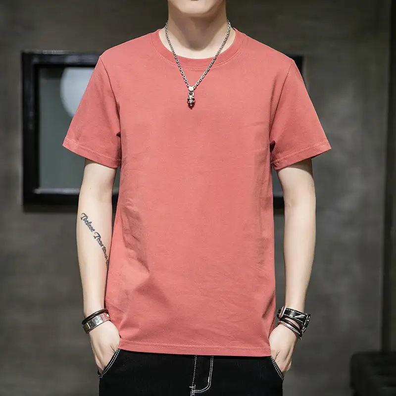 Men Long Sleeve Cotton T-Shirt Pink Round Neck - Image 9