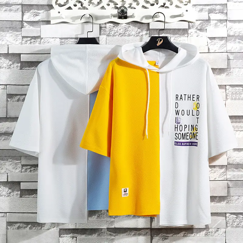 Men Hooded T-Shirt Blue White Graphic Print