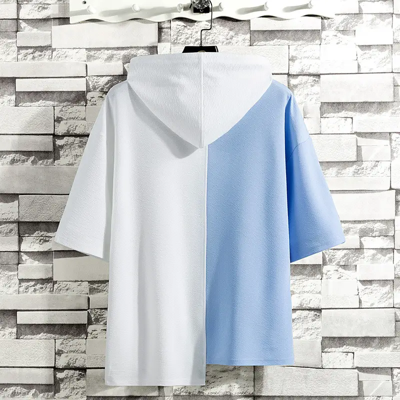Men Hooded T-Shirt Blue White Graphic Print