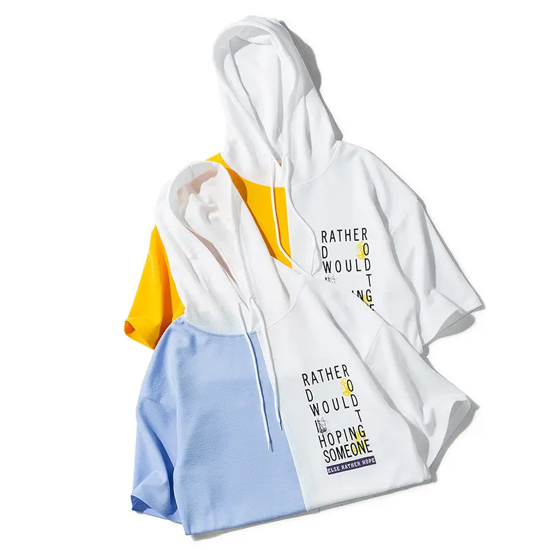 Men Hooded T-Shirt Blue White Graphic Print